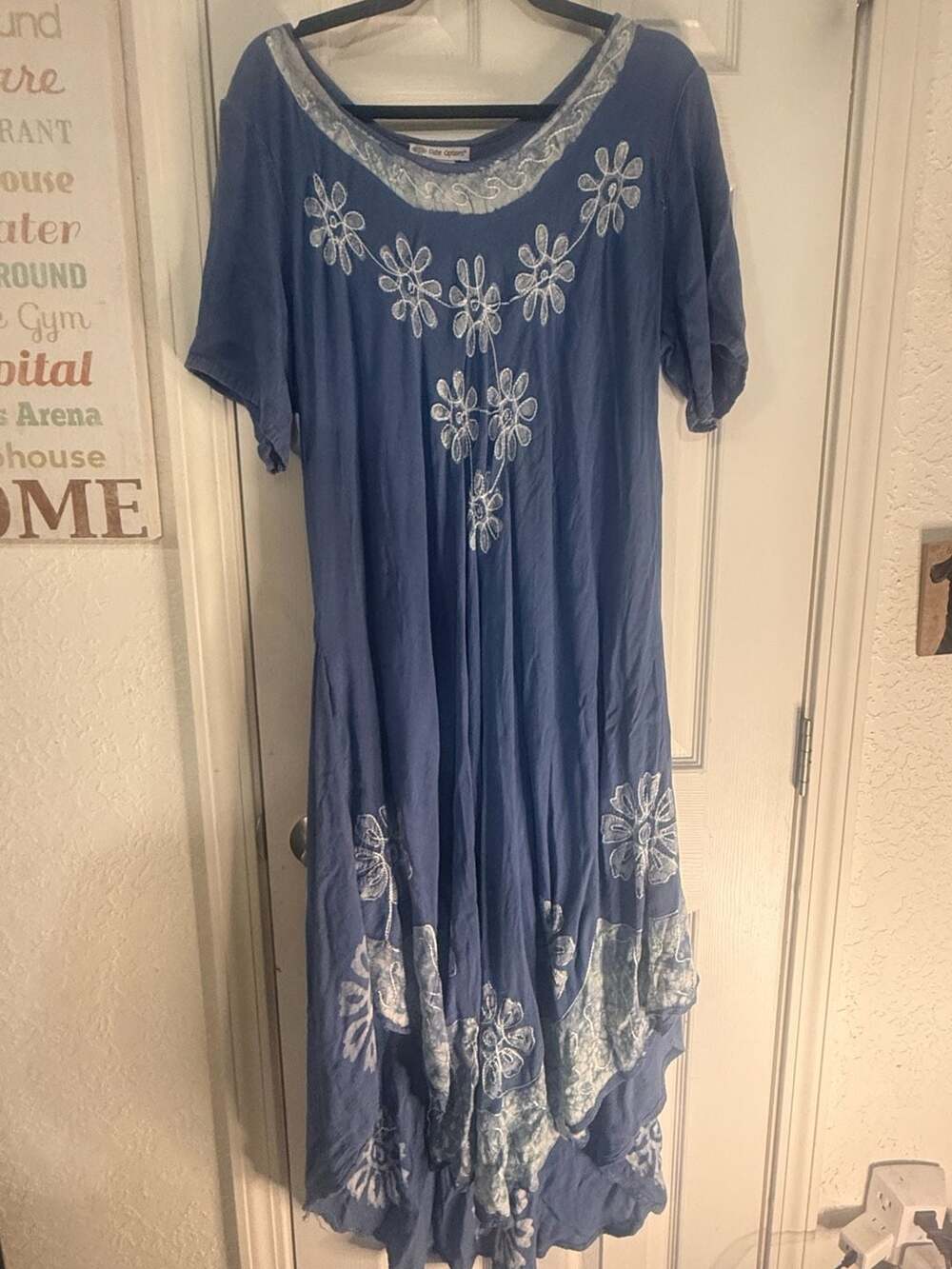 Women's Blue Rayon Boho Maxi Dress with White Floral Embroidery